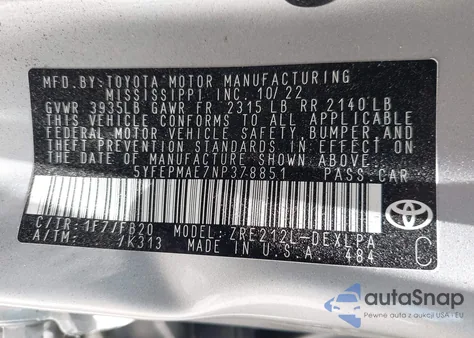 2022 Toyota Corolla Le z USA, uszkodzony, nr VIN 5YFEPMAE7NP378851